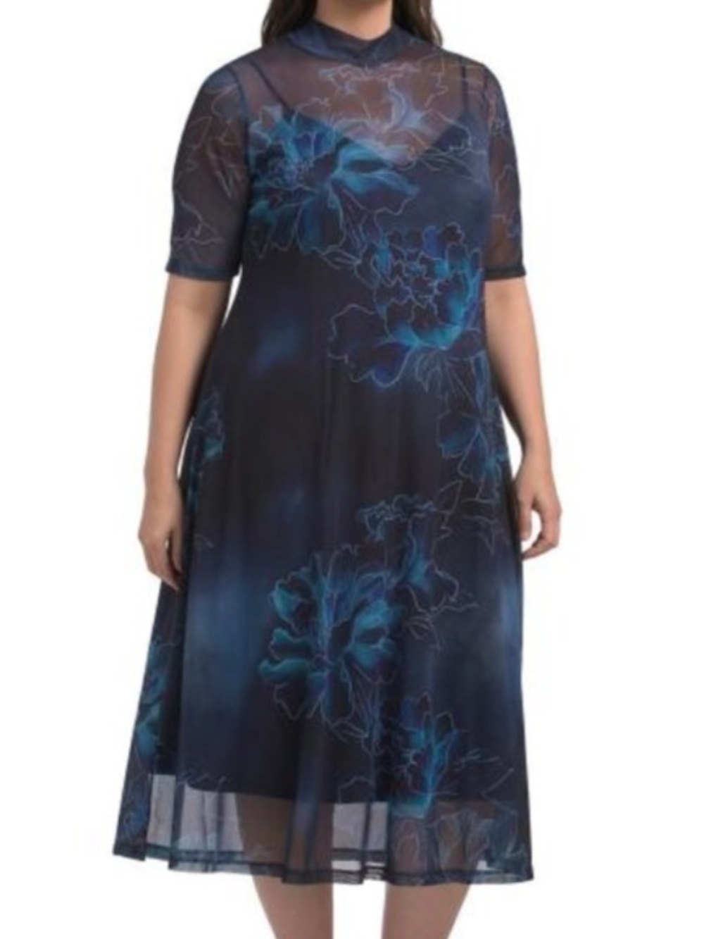 Johnny Was Athena Mesh Midi Dress Blue Floral Bohemian